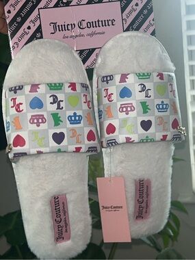 Juicy Couture White Fuzzy Slide Sandals with Multicolor Logo Icons